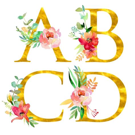 Golden Classical Form Letter L Decorated With Watercolor Flowers And