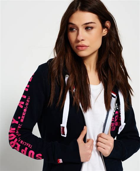 Womens Track And Field Zip Hoodie In Eclipse Navy Fluro Pink Superdry Uk