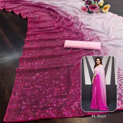 Pink Sequins Digital Print Georgette Saree