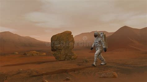 3d Rendering Colony On Mars Two Astronauts Wearing Space Suit Walking On The Surface Of Mars