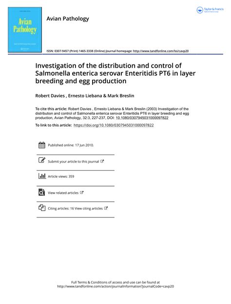 Pdf Investigation Of The Distribution And Control Of Salmonella