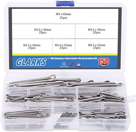 Glarks 150Pcs 304 Stainless Steel Cotter Pin Clip Key Fastner Fitting