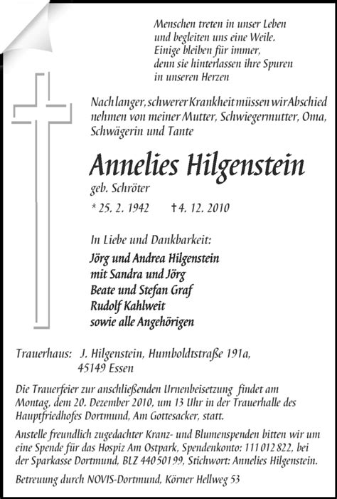 Traueranzeigen Von Annelies Hilgenstein Trauer In Nrw De