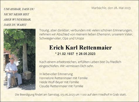 Traueranzeigen von Erich Karl Rettenmaier Südwest Presse Trauer