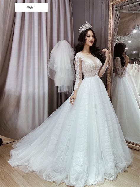 Feminine Sexy Long Sleeve V Neck Floral Lace White Ball Gown Wedding Dress Various Styles