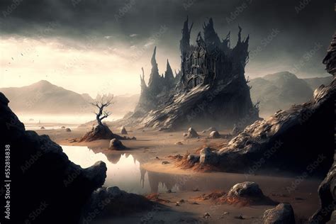 Generative AI illustration of dark fantasy landscape with castle Stock ...