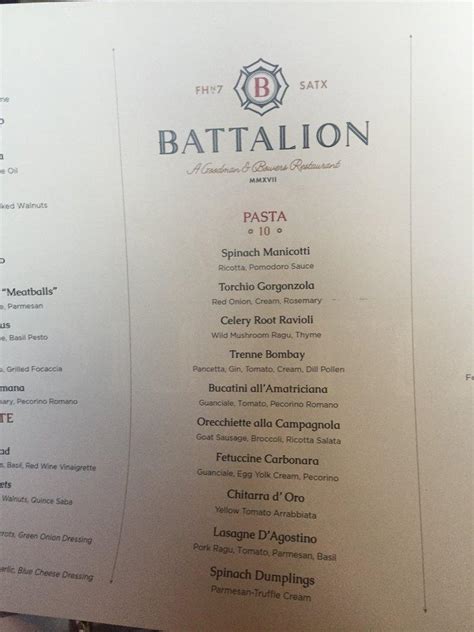 Menu at Battalion restaurant, San Antonio, 604 S Alamo St