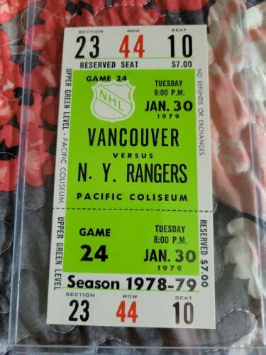 1978 79 Vancouver Canucks Vs New York Rangers Hockey Whole Ticket NM MT