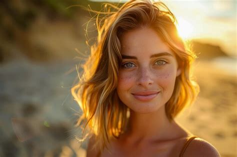 Premium Photo Radiant Young Woman With Freckles Smiling At Sunset On