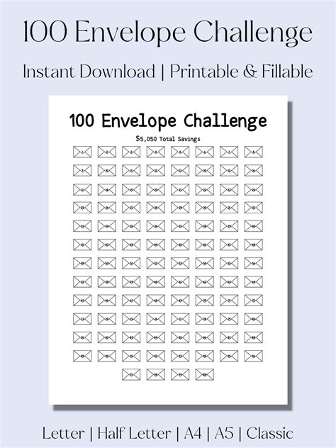 100 Envelope Challenge Printable Savings Challenges Instant Download PDF Fillable Financial ...