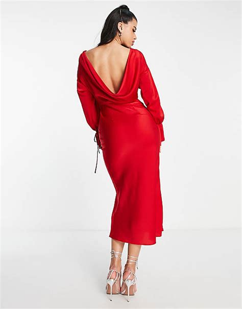 Asos Design Satin Cowl Back Midaxi Dress With Tie Cuff Detail In Red Asos