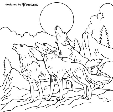 wolf howling Animal Coloring Pages for Kids & Adults design free vector | VECTORPIC