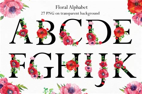 Vintage Flowers Watercolor Alphabet Spring Clipart Embelished Letters