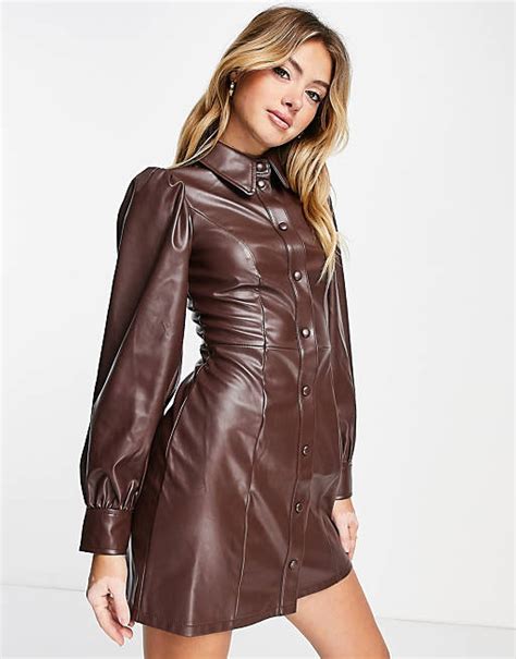 Miss Selfridge Faux Leather Long Sleeve Shirt Dress In Chocolate Asos