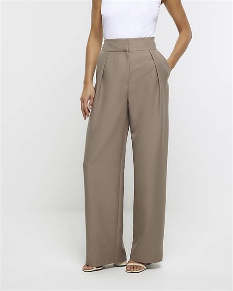 Brown Wide Leg Pleated Trousers River Island