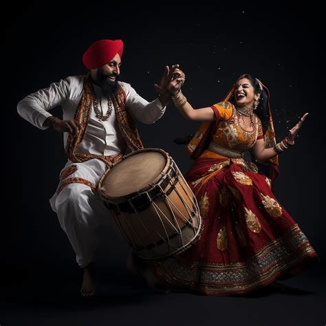 Punjabi man playing dhol and woman performing bhangra dance | Premium ...