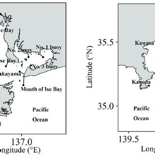 Map of Ise Bay (left) and Tokyo Bay (right). The black dot and the ...