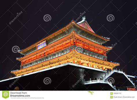 Illuminated Drum Tower At Night In Xi An China Editorial Stock Image