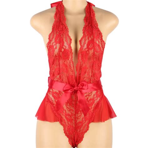 Absolutely Stunning Deep V Backless Exquisite Lace Teddy Red Sarita Inc