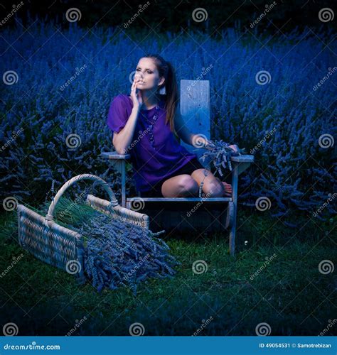 Beautiful Young Woman On Lavander Field At Dusk Lavanda Girl Stock