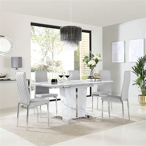 Vienna Extending Dining Table And 6 Renzo Chairs White Marble Effect Light Grey Classic Faux