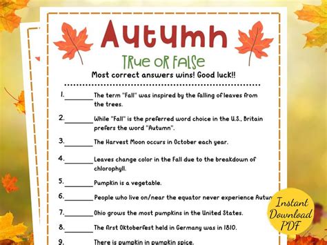 True Or False Fall Game Fall Trivia Game Fun Printable Autumn Activity