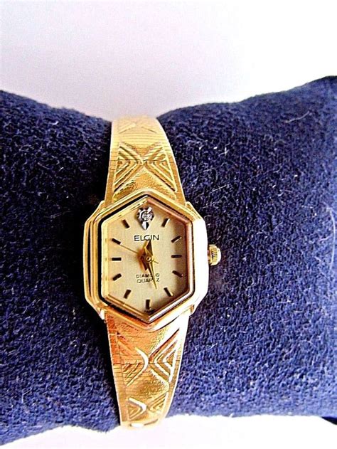 Vintage Elgin Diamond Ladies Quartz Wrist Watch Hexagon Gold Tone Ek908