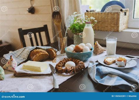 Country Breakfast On Rustic Home Kitchen With Farm Eggs Butter