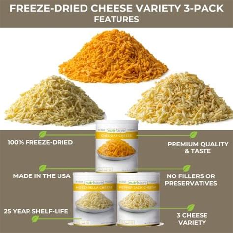 Nutristore Freeze Dried Cheese Sample Variety 3 Pack Cheddar Mozzarella And Pepper Jack