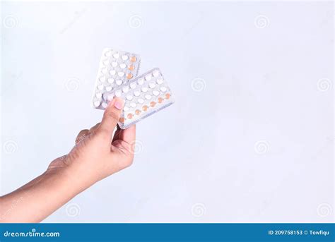 Women Hand Golding Birth Control Pills On White Stock Image Image Of