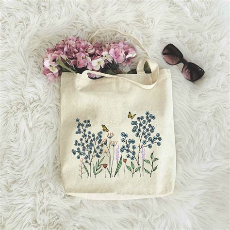 Flower Tote Bag Cute Tote Bag Floral Tote Aesthetic Bag Market Etsy