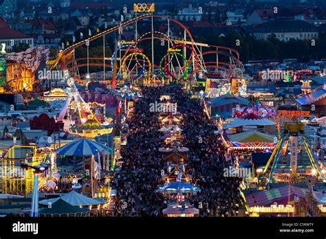 Germany Bavaria Munich View Of Oktoberfest Fair At Night Stock Photo