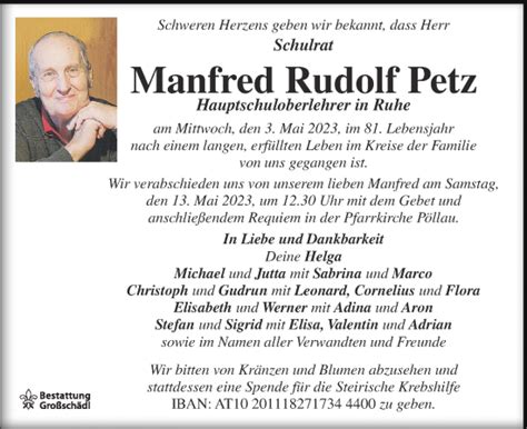 Traueranzeigen Von Manfred Rudolf Petz Trauer Kleinezeitung At