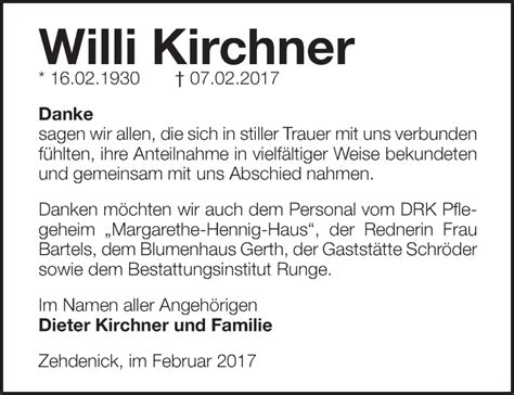 Traueranzeigen von Willi Kirchner Märkische Onlinezeitung Trauerportal