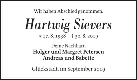 Traueranzeigen Von Hartwig Sievers Sh Z Trauer