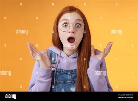 Close Up Shocked Sensitive Concerned Young Panicking Redhead Woman Worry Drop Jaw Gasping Raise