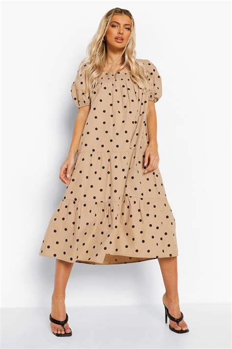 Polka Dot Square Neck Tiered Smock Dress Boohoo