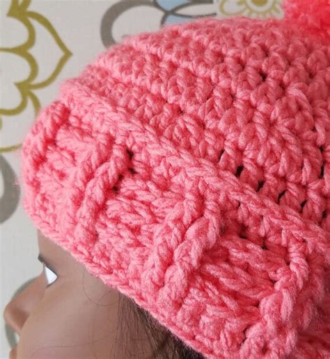 Crochet Hat Pink Hat Soft Yarn Hat Chunky Hat Pompom Hat