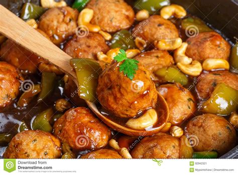 One Meatball On Wooden Spoon Close Up Stock Image Image Of Glaze