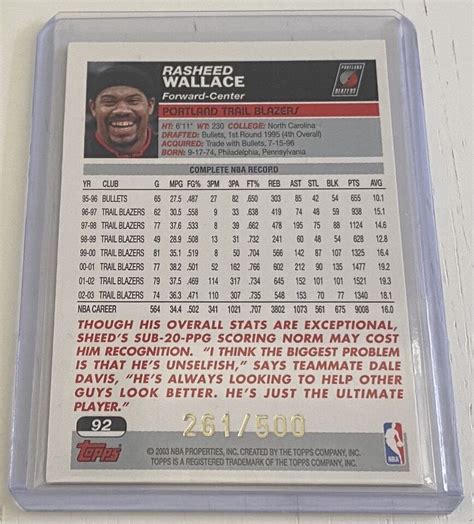 Rasheed Wallace Topps Black Portland Trail Blazers Ebay