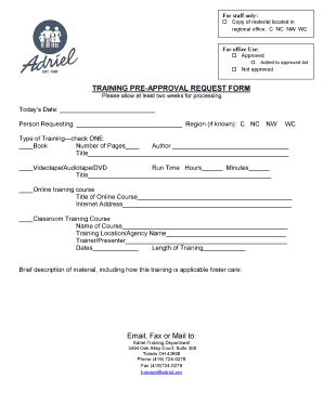 Fillable Online Adriel TRAINING PRE APPROVAL REQUEST FORM Adriel