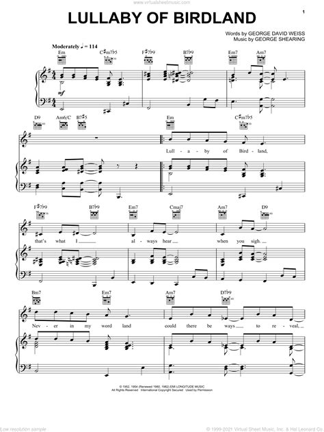 Shearing Lullaby Of Birdland Sheet Music For Voice Piano Or Guitar