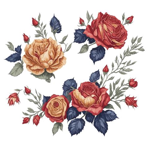 Conjunto De Ilustraci N De Acuarela De Arreglo Floral Rosa Roja Y