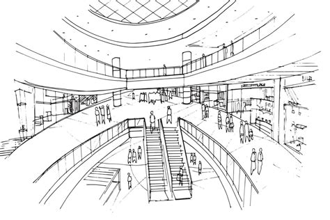 mall sketch drawing,Fashion shops and people walking around.,Modern design,vector,2d ...