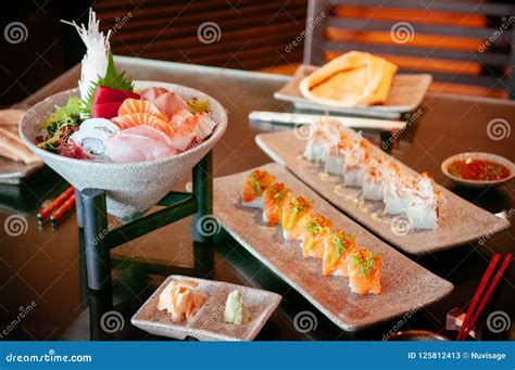 Japanese Fresh Sushi Sashimi Set With Various Fish And Seafood Stock