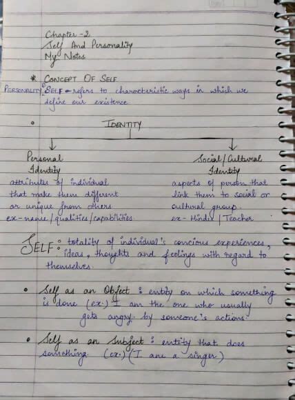 Class Psychology Chapter Self Personality Handwritten