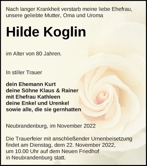 Traueranzeigen Von Hilde Koglin Trauer Nordkurier