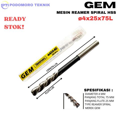 Jual Reamer Mesin Spiral HSS 4MM Merek GEM Reamer Mesin Spiral 4X25X75L