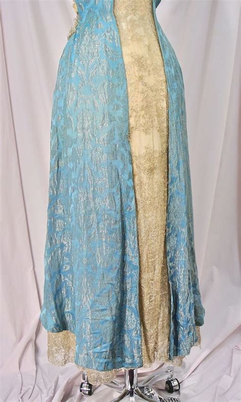 Edwardian Peacock Blue Metallic Gold Silk Brocade Jeweled Ballgown