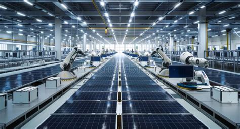 Modern Solar Panel Production Line With Robotic Arms In A High Tech